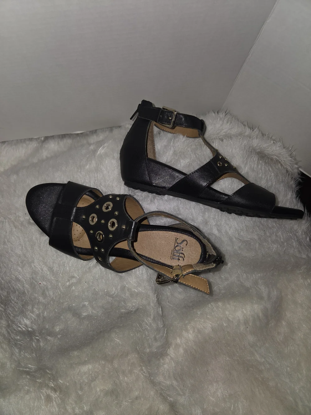 Sofft Black T-Strap Grommet Low Wedge Sandals